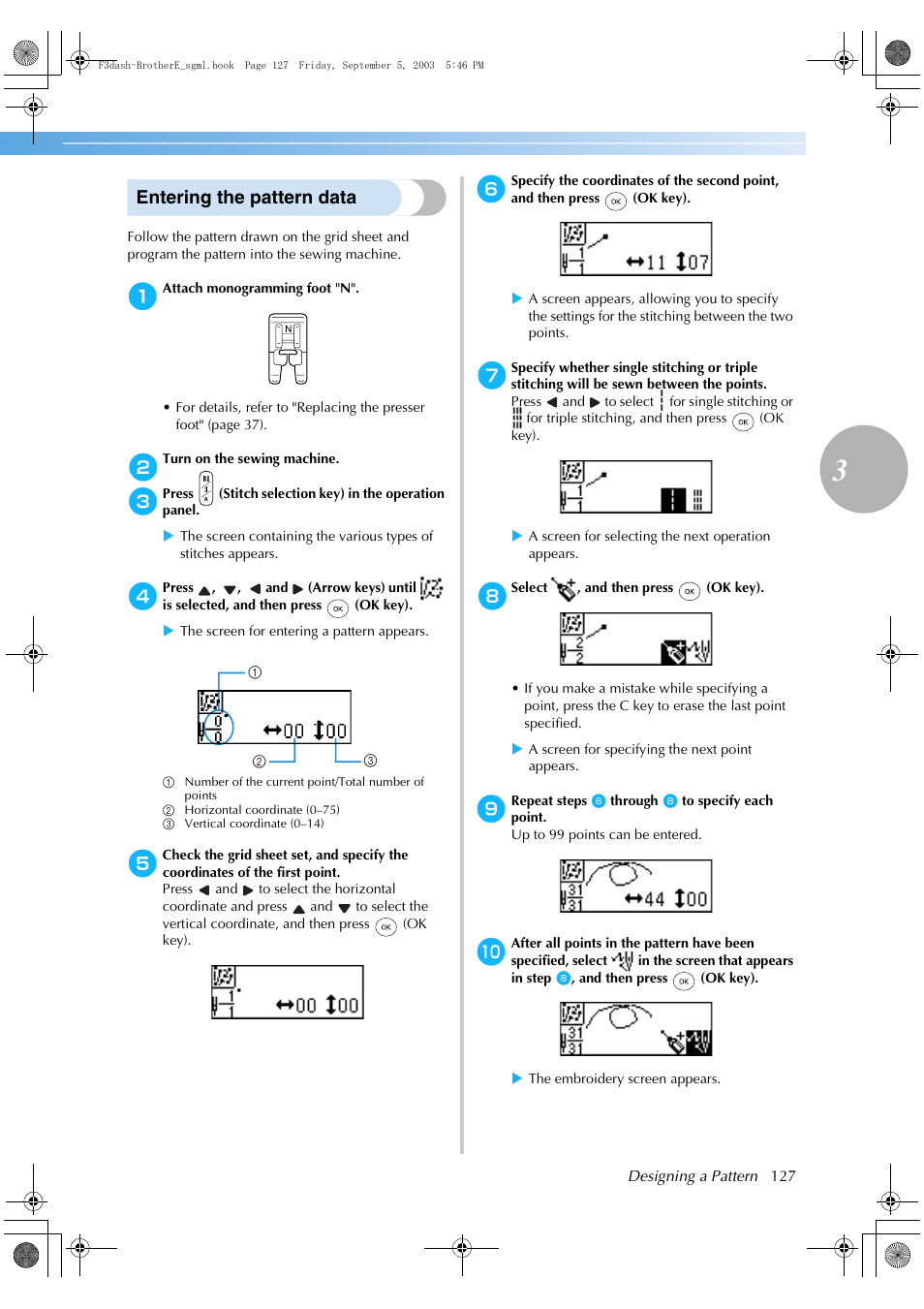 Entering the pattern data | Brother NX 600 User Manual | Page 133 / 160