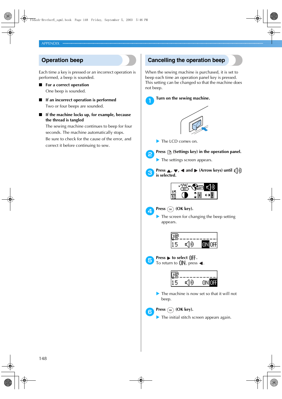 Operation beep, Cancelling the operation beep | Brother NX 600 User Manual | Page 154 / 160