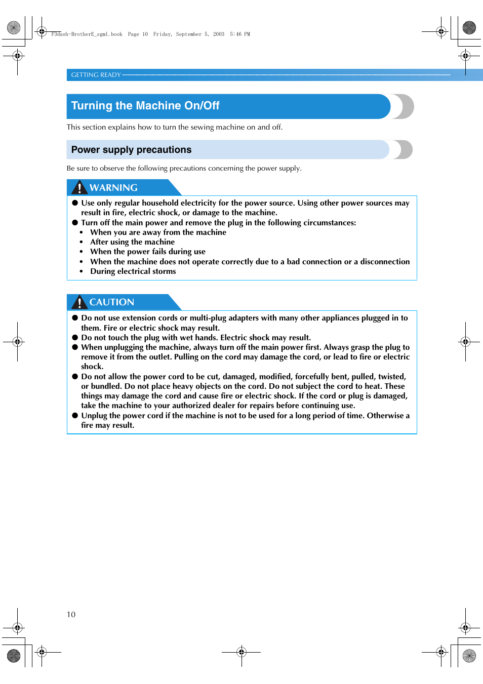 Turning the machine on/off, Power supply precautions, Warning caution | Brother NX 600 User Manual | Page 16 / 160