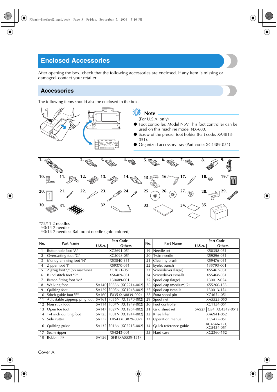 Enclosed accessories, Accessories | Brother NX 600 User Manual | Page 2 / 160