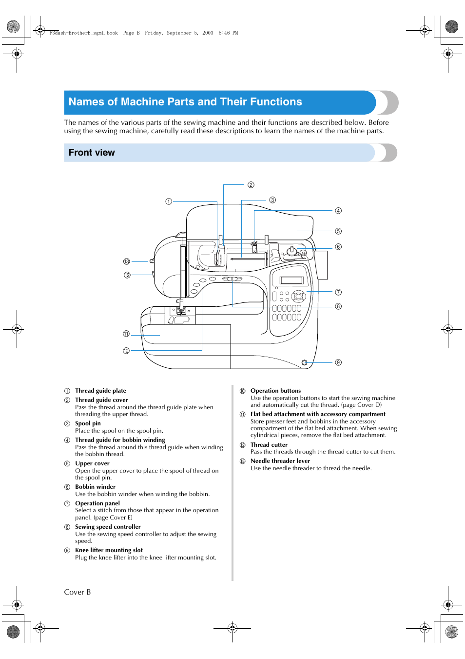 Names of machine parts and their functions, Front view | Brother NX 600 User Manual | Page 3 / 160