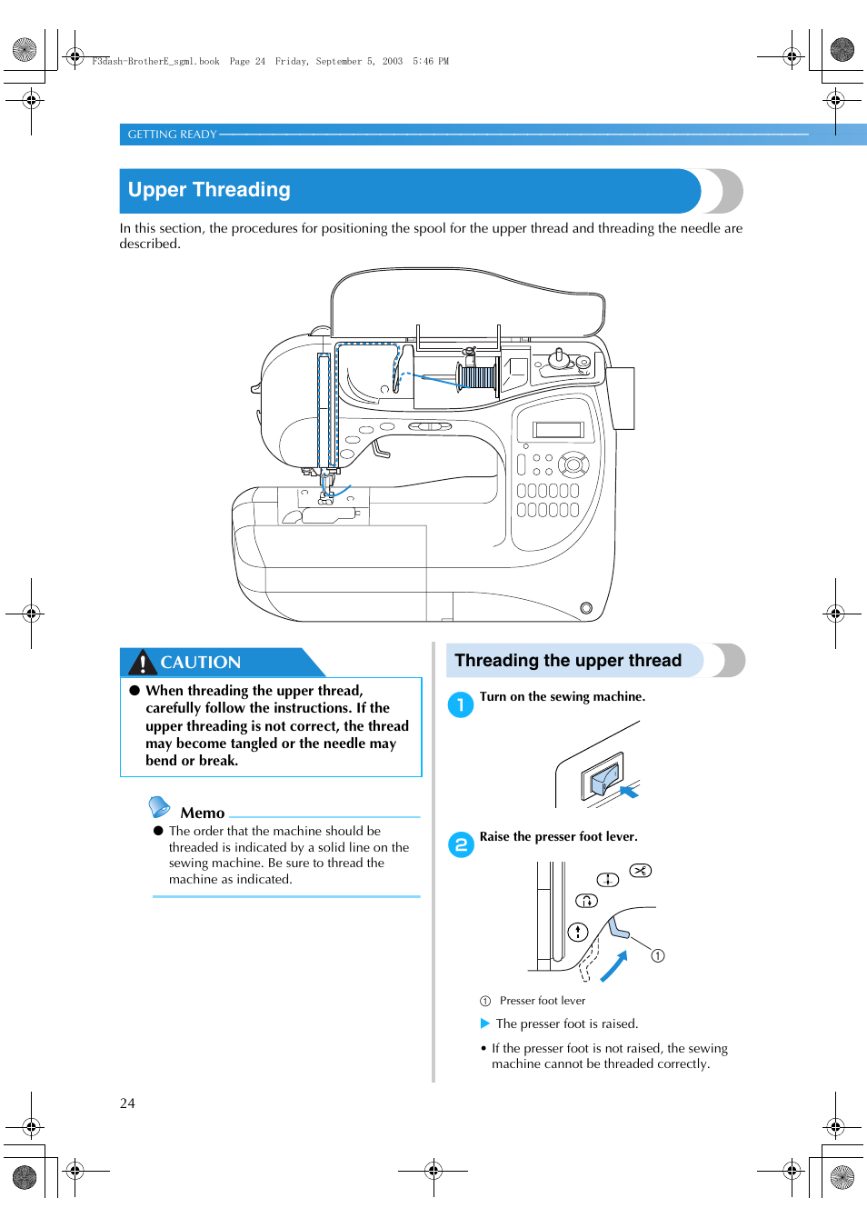 Upper threading, Caution, Threading the upper thread | Brother NX 600 User Manual | Page 30 / 160
