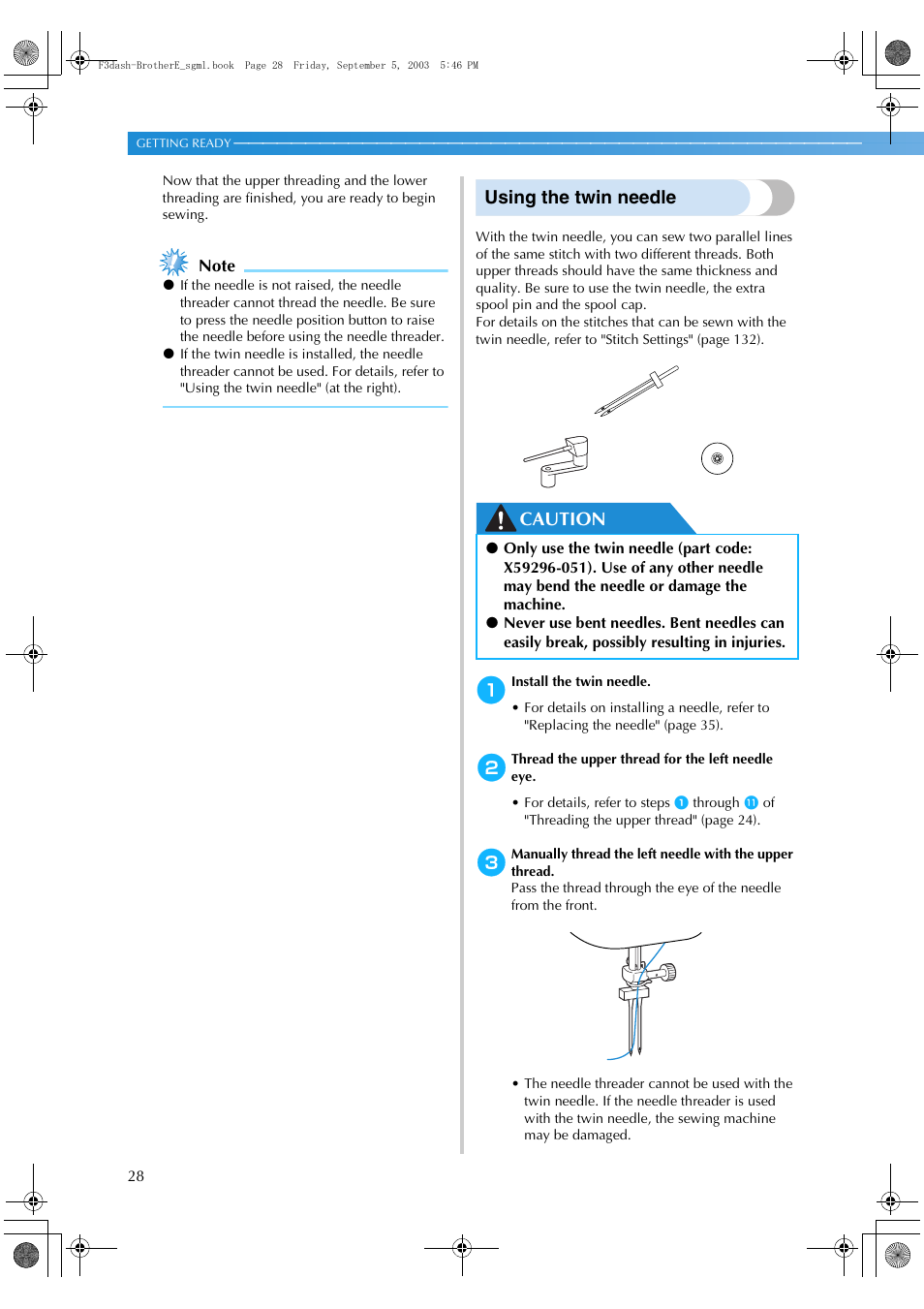 Using the twin needle, Caution | Brother NX 600 User Manual | Page 34 / 160