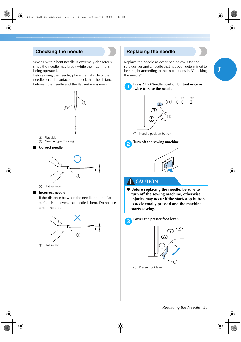 Checking the needle, Replacing the needle, Caution | Brother NX 600 User Manual | Page 41 / 160