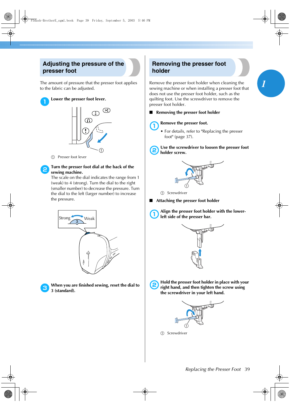 Adjusting the pressure of the presser foot, Removing the presser foot holder | Brother NX 600 User Manual | Page 45 / 160