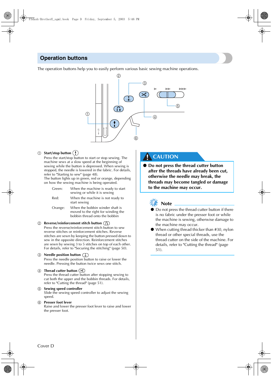 Operation buttons, Caution | Brother NX 600 User Manual | Page 5 / 160