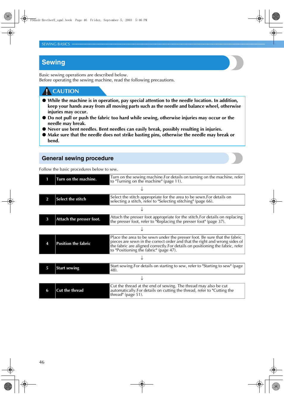 Sewing, Caution general sewing procedure | Brother NX 600 User Manual | Page 52 / 160