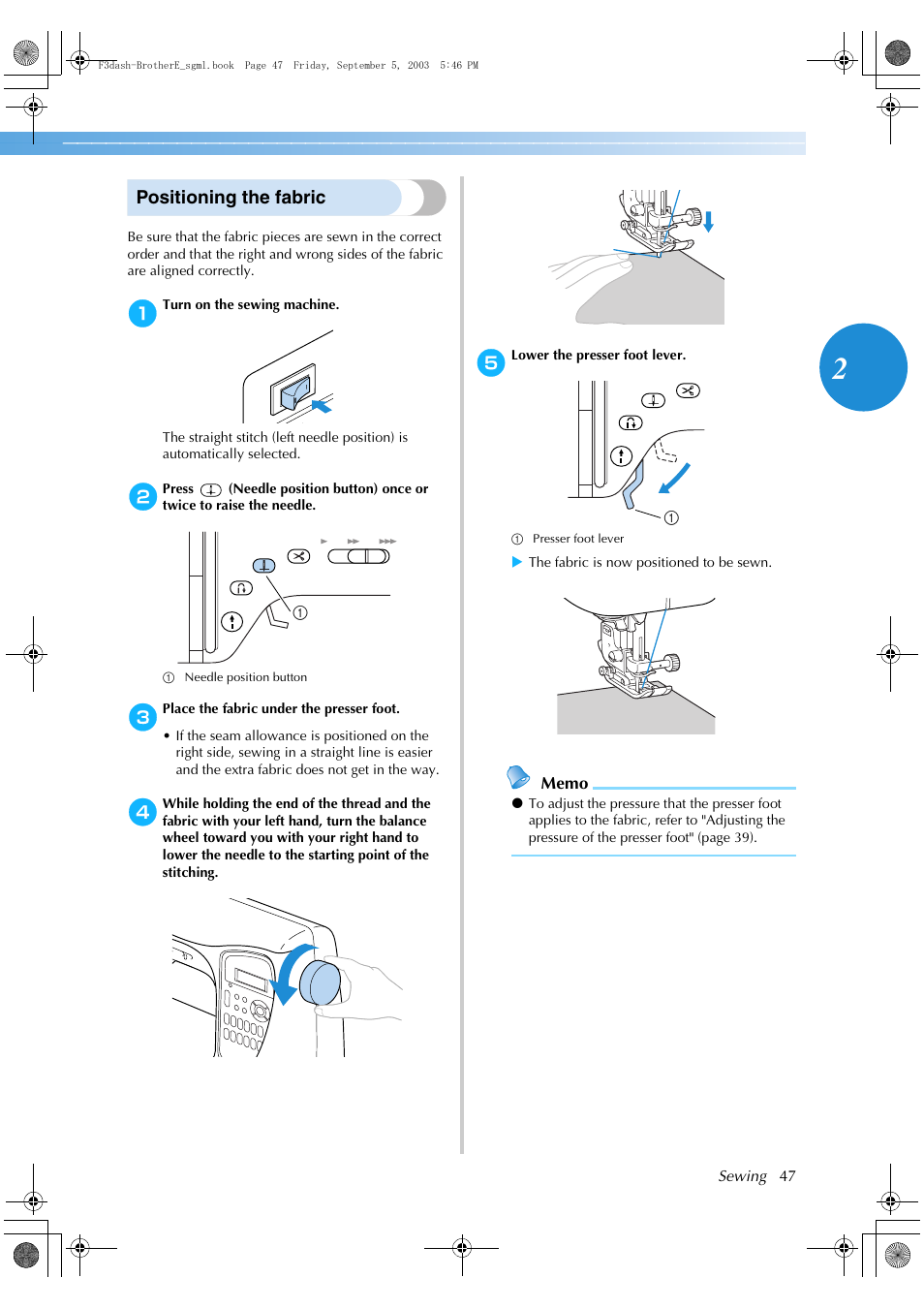 Positioning the fabric | Brother NX 600 User Manual | Page 53 / 160