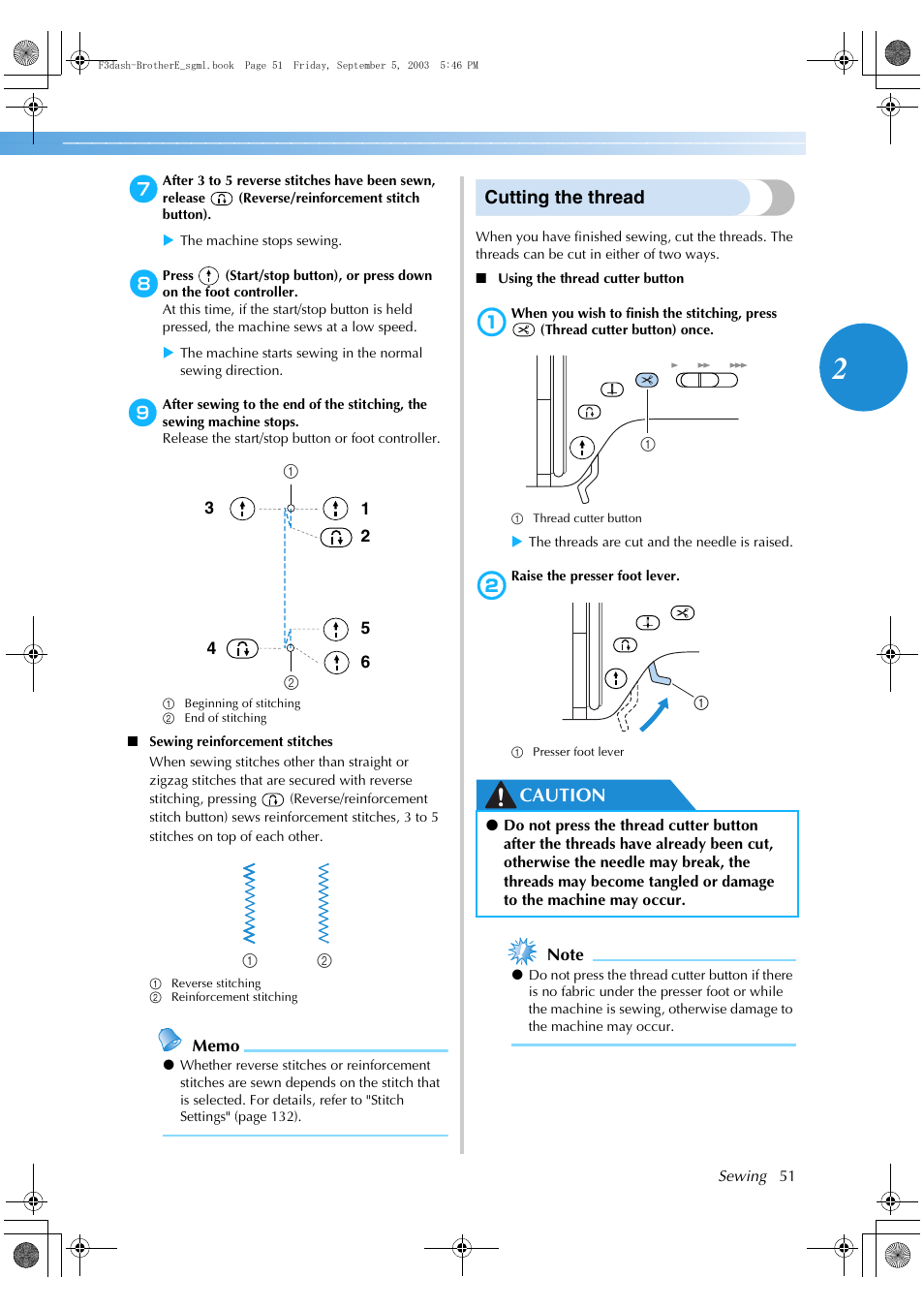 Cutting the thread, Caution | Brother NX 600 User Manual | Page 57 / 160