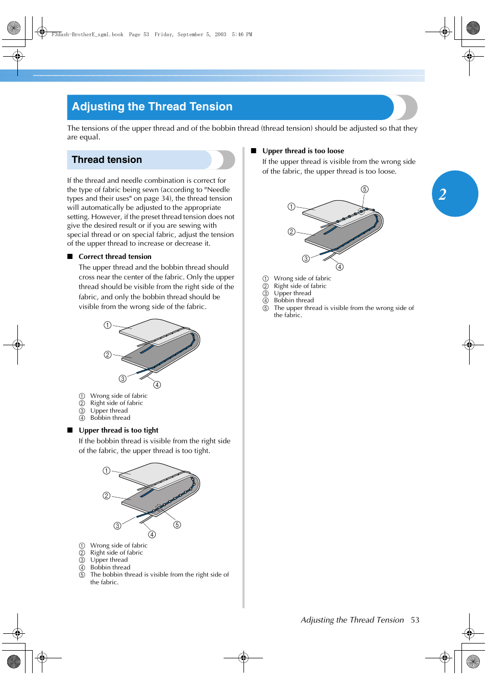 Adjusting the thread tension, Thread tension | Brother NX 600 User Manual | Page 59 / 160