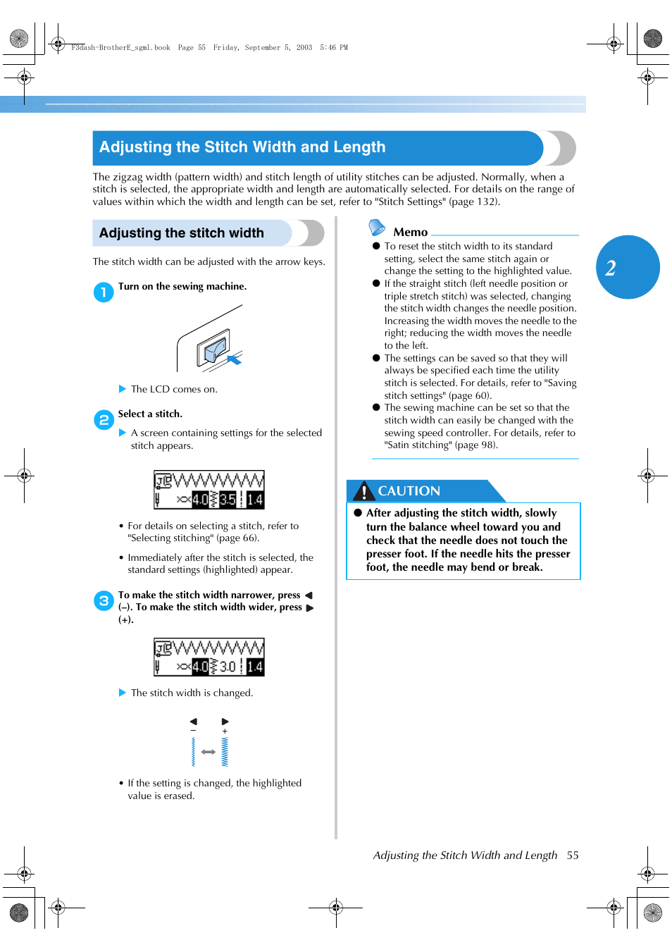 Adjusting the stitch width and length, Adjusting the stitch width, Caution | Brother NX 600 User Manual | Page 61 / 160