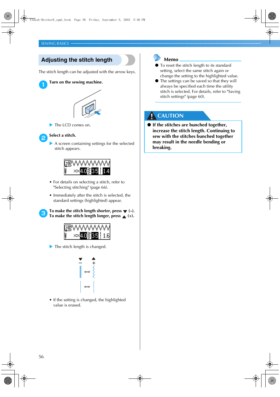 Adjusting the stitch length, Caution | Brother NX 600 User Manual | Page 62 / 160