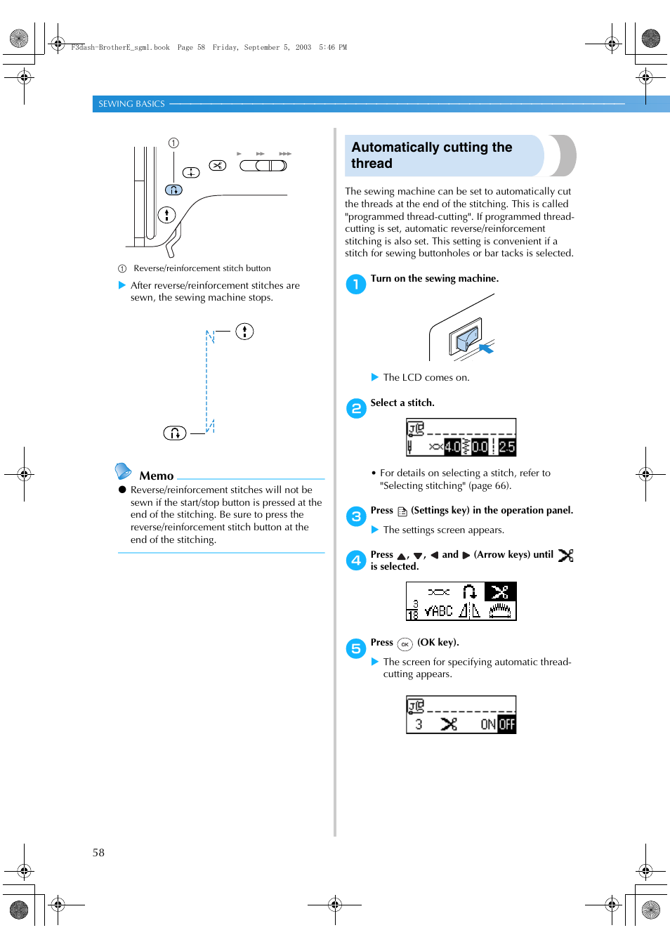 Automatically cutting the thread | Brother NX 600 User Manual | Page 64 / 160