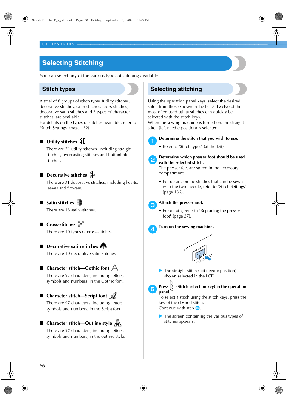 Selecting stitching, Stitch types | Brother NX 600 User Manual | Page 72 / 160