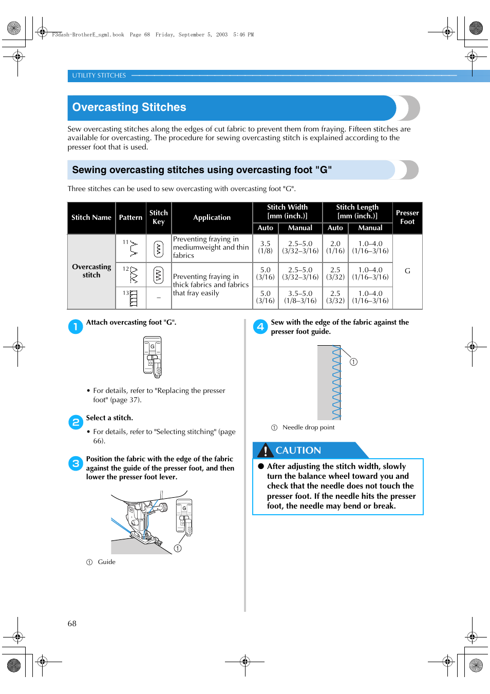 Overcasting stitches, Caution | Brother NX 600 User Manual | Page 74 / 160