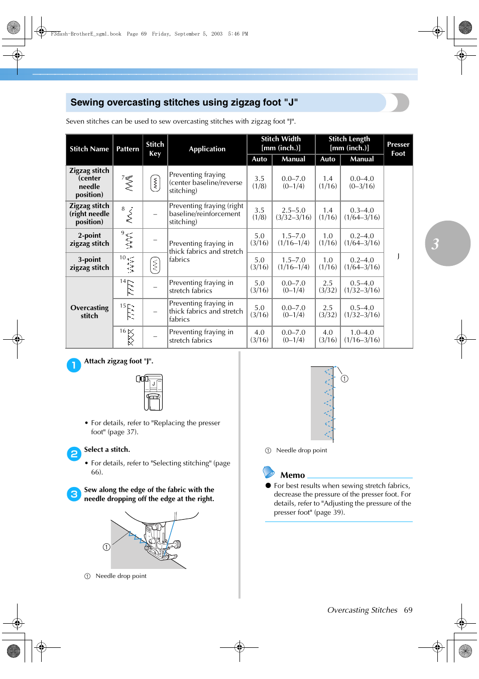 Sewing overcasting stitches using zigzag foot "j | Brother NX 600 User Manual | Page 75 / 160