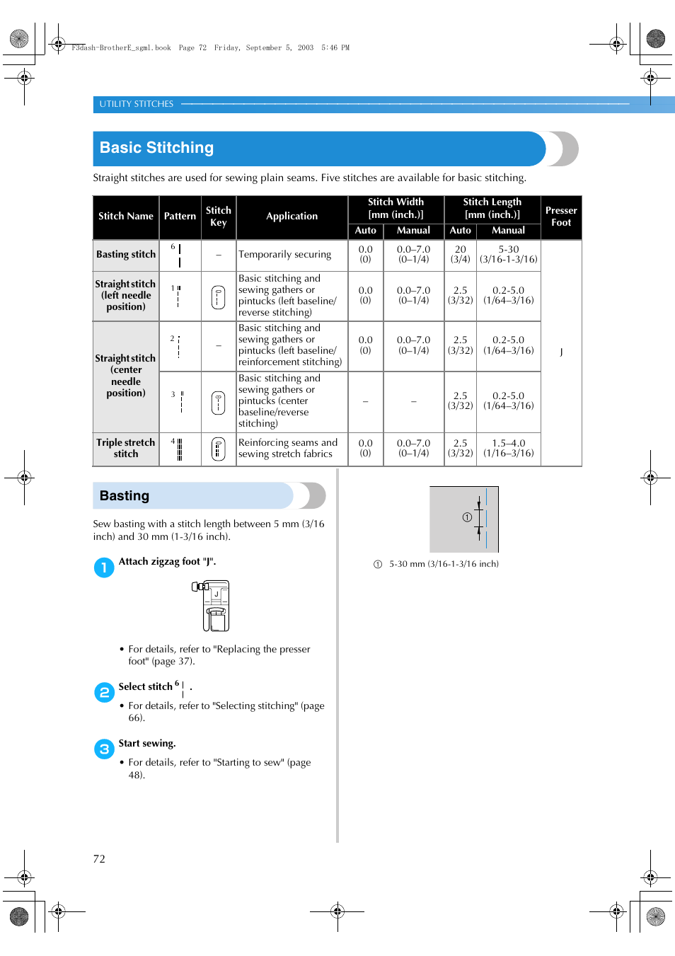 Basic stitching, Basting | Brother NX 600 User Manual | Page 78 / 160