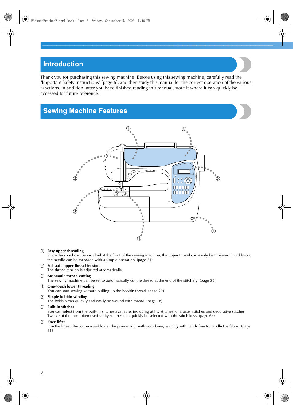 Introduction, Sewing machine features | Brother NX 600 User Manual | Page 8 / 160