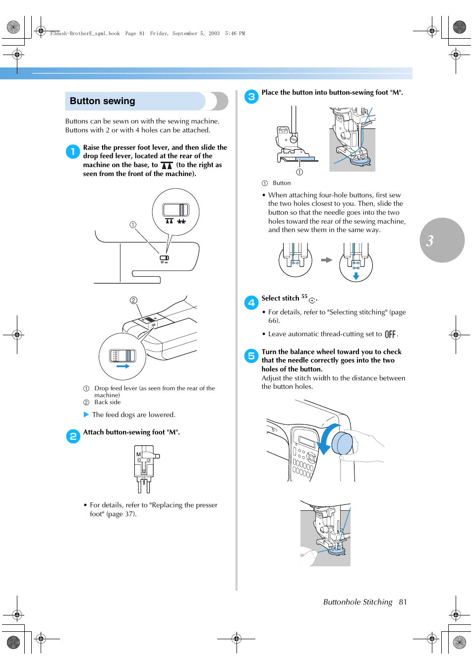 Button sewing | Brother NX 600 User Manual | Page 87 / 160