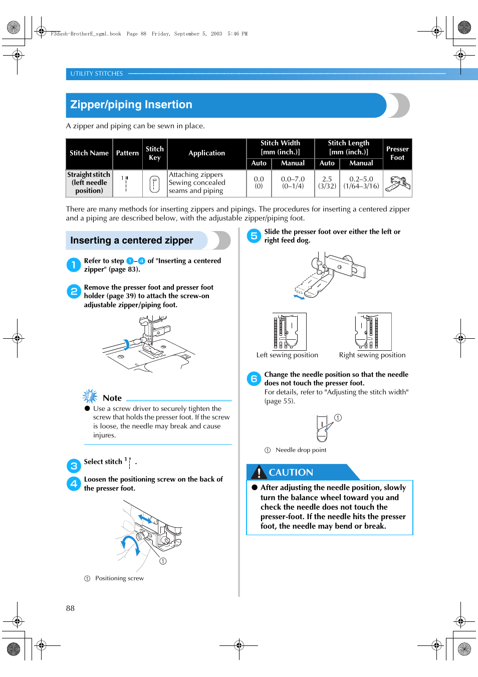 Zipper/piping insertion, Inserting a centered zipper, Caution | Brother NX 600 User Manual | Page 94 / 160