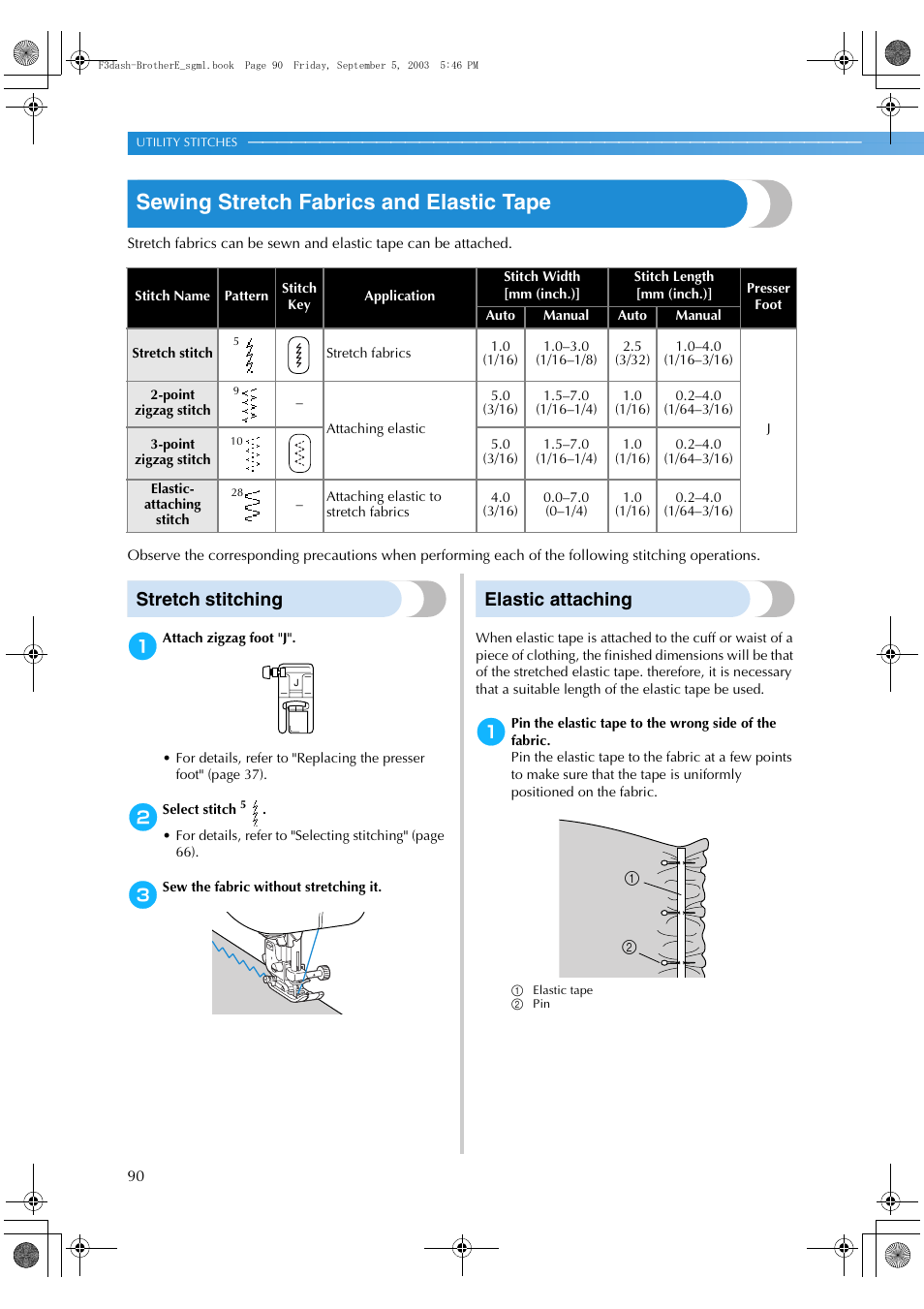 Sewing stretch fabrics and elastic tape, Stretch stitching, Elastic attaching | Brother NX 600 User Manual | Page 96 / 160