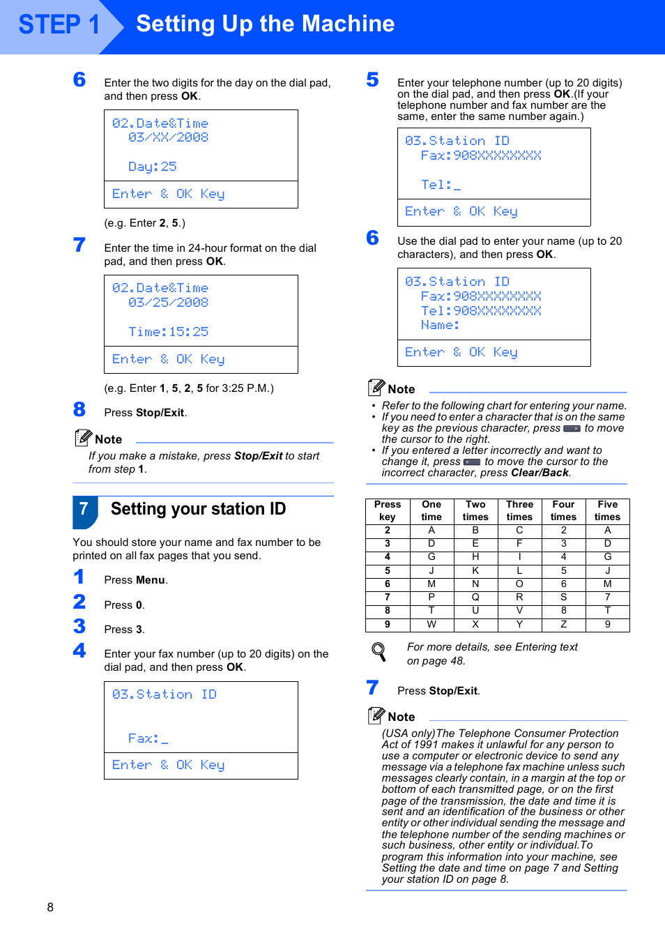 7 setting your station id, Setting your station id, Step 1 | Setting up the machine, 7setting your station id, Station id fax:_ enter & ok key | Brother MFC 9840CDW User Manual | Page 10 / 53