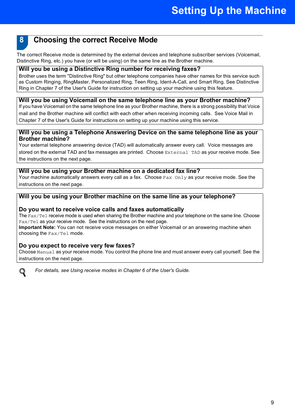 8 choosing the correct receive mode, Choosing the correct receive mode, Setting up the machine | 8choosing the correct receive mode | Brother MFC 9840CDW User Manual | Page 11 / 53