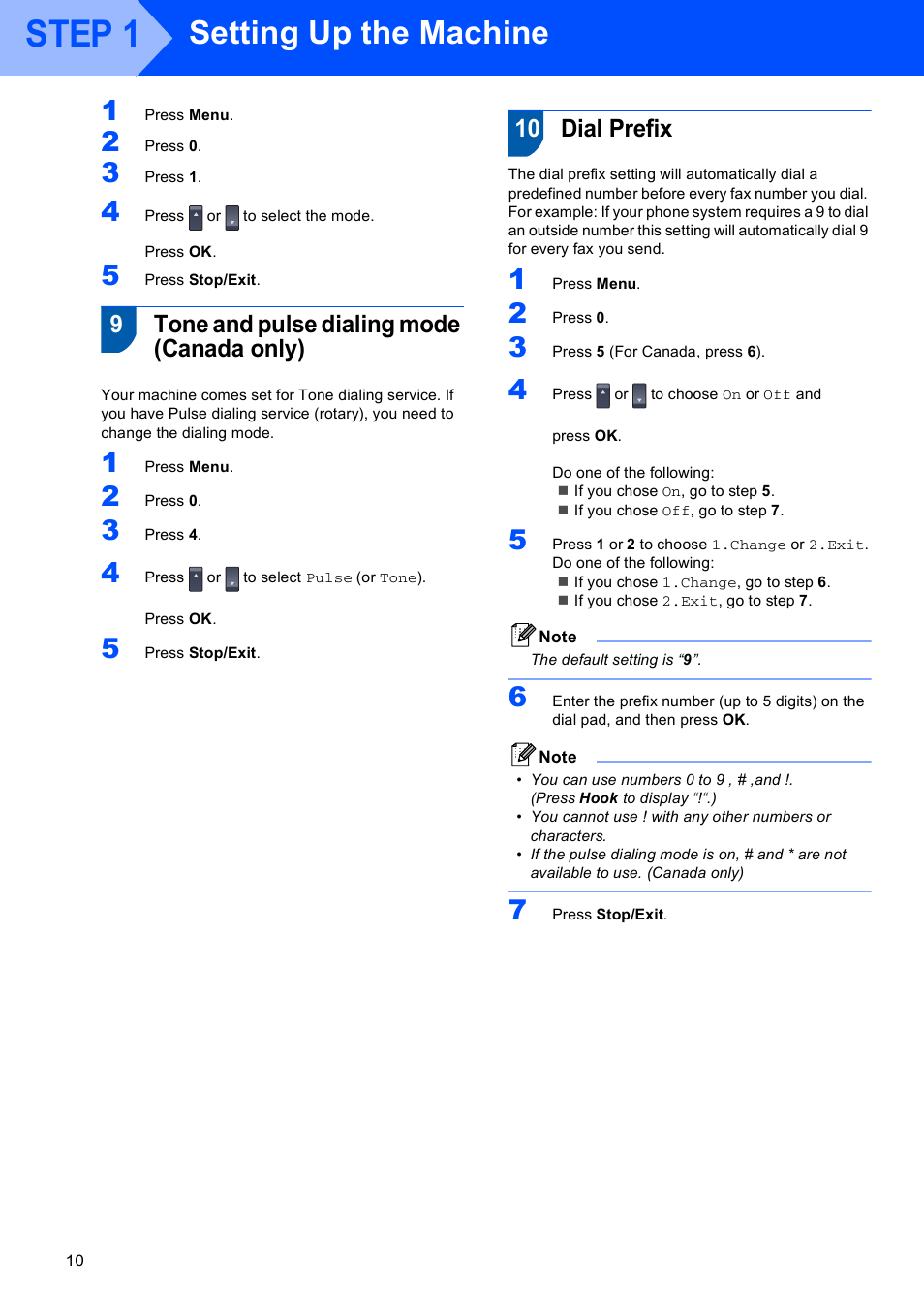 9 tone and pulse dialing mode (canada only), 10 dial prefix, Step 1 | Setting up the machine, 9tone and pulse dialing mode (canada only) | Brother MFC 9840CDW User Manual | Page 12 / 53