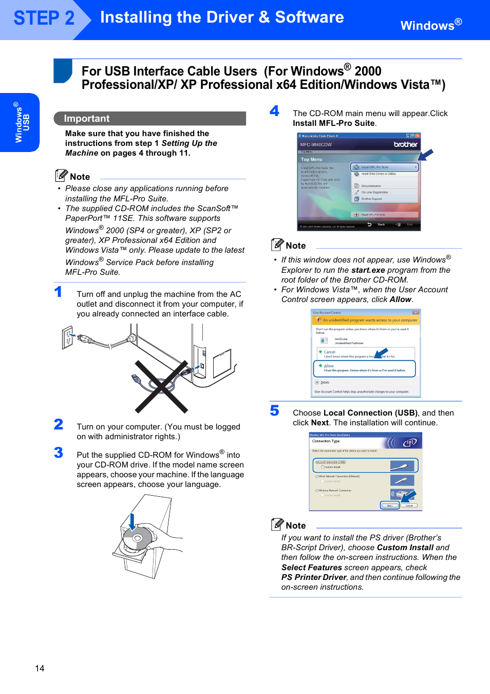 Windows, For usb interface cable users, Step 2 | Installing the driver & software, For usb interface cable users (for windows, Important | Brother MFC 9840CDW User Manual | Page 16 / 53