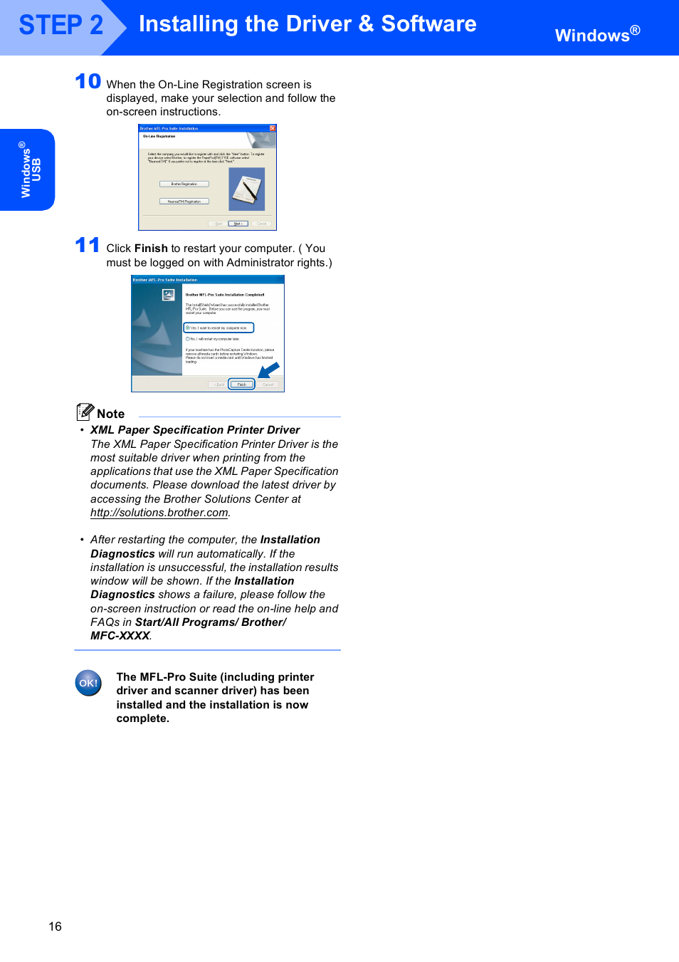 Step 2, Installing the driver & software, Windows | Brother MFC 9840CDW User Manual | Page 18 / 53