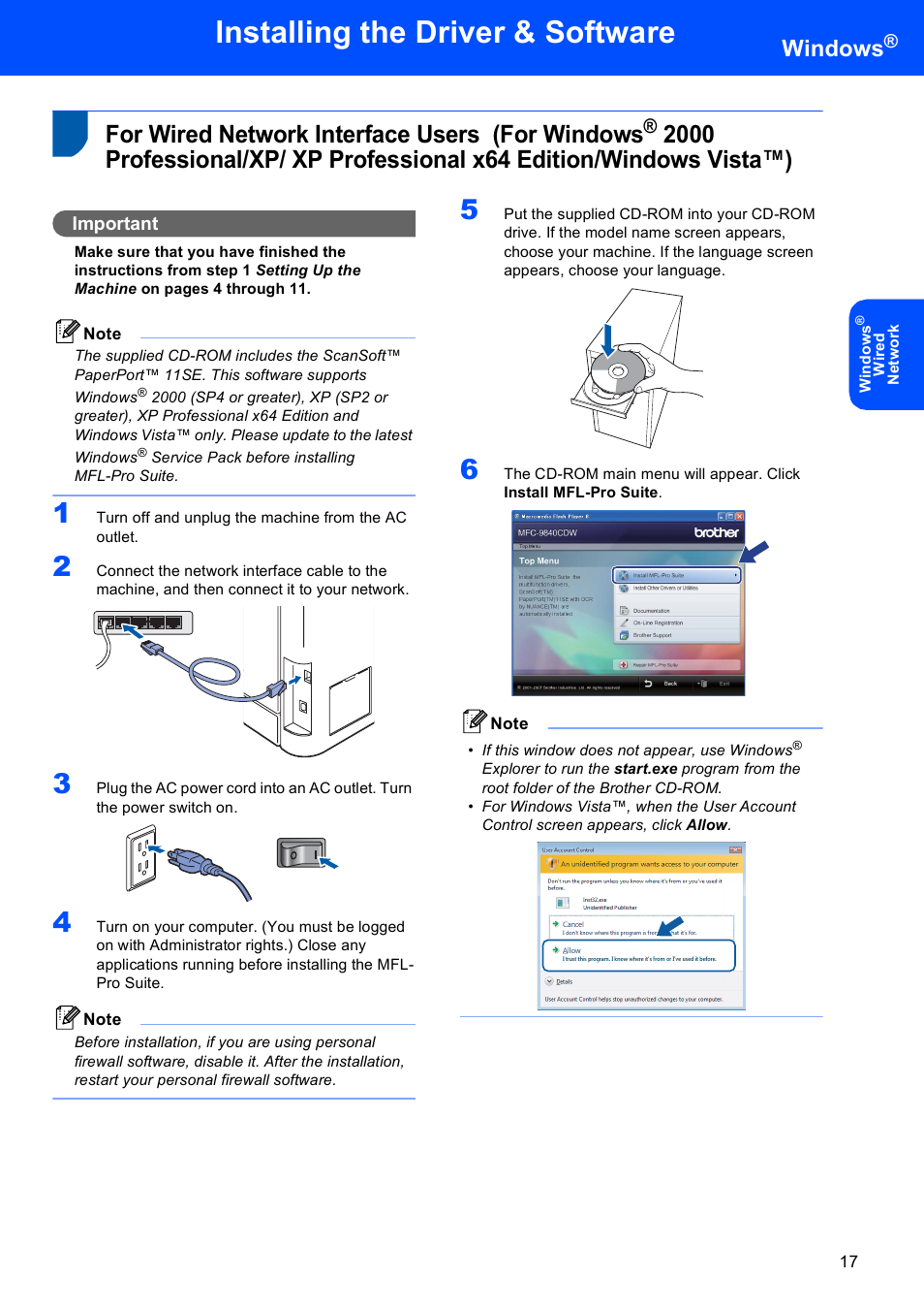 For wired network interface users, Installing the driver & software, For wired network interface users (for windows | Windows, Important | Brother MFC 9840CDW User Manual | Page 19 / 53