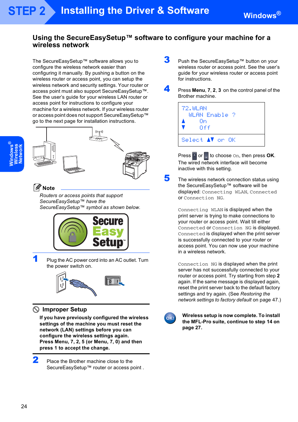 Step 2, Installing the driver & software, Windows | Wlan wlan enable ? a on b off select ab or ok | Brother MFC 9840CDW User Manual | Page 26 / 53
