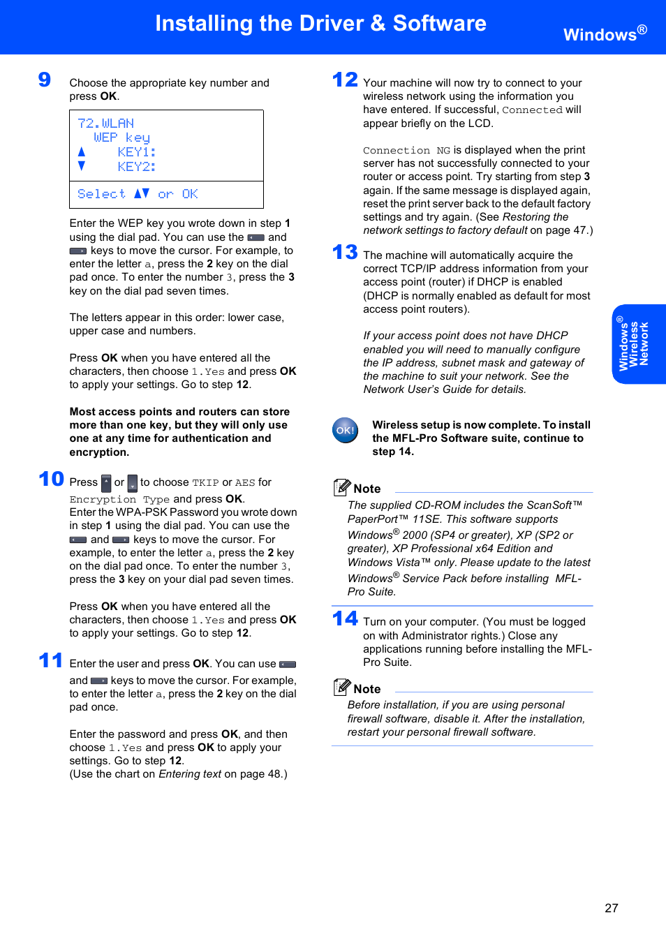 14 o, Installing the driver & software, Windows | Wlan wep key a key1: b key2: select ab or ok | Brother MFC 9840CDW User Manual | Page 29 / 53