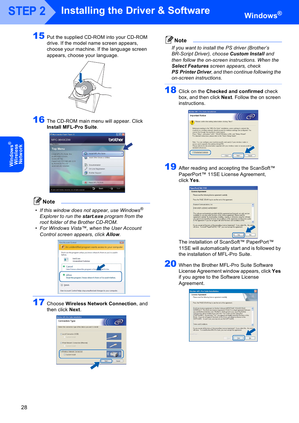 Step 2, Installing the driver & software, Windows | Brother MFC 9840CDW User Manual | Page 30 / 53