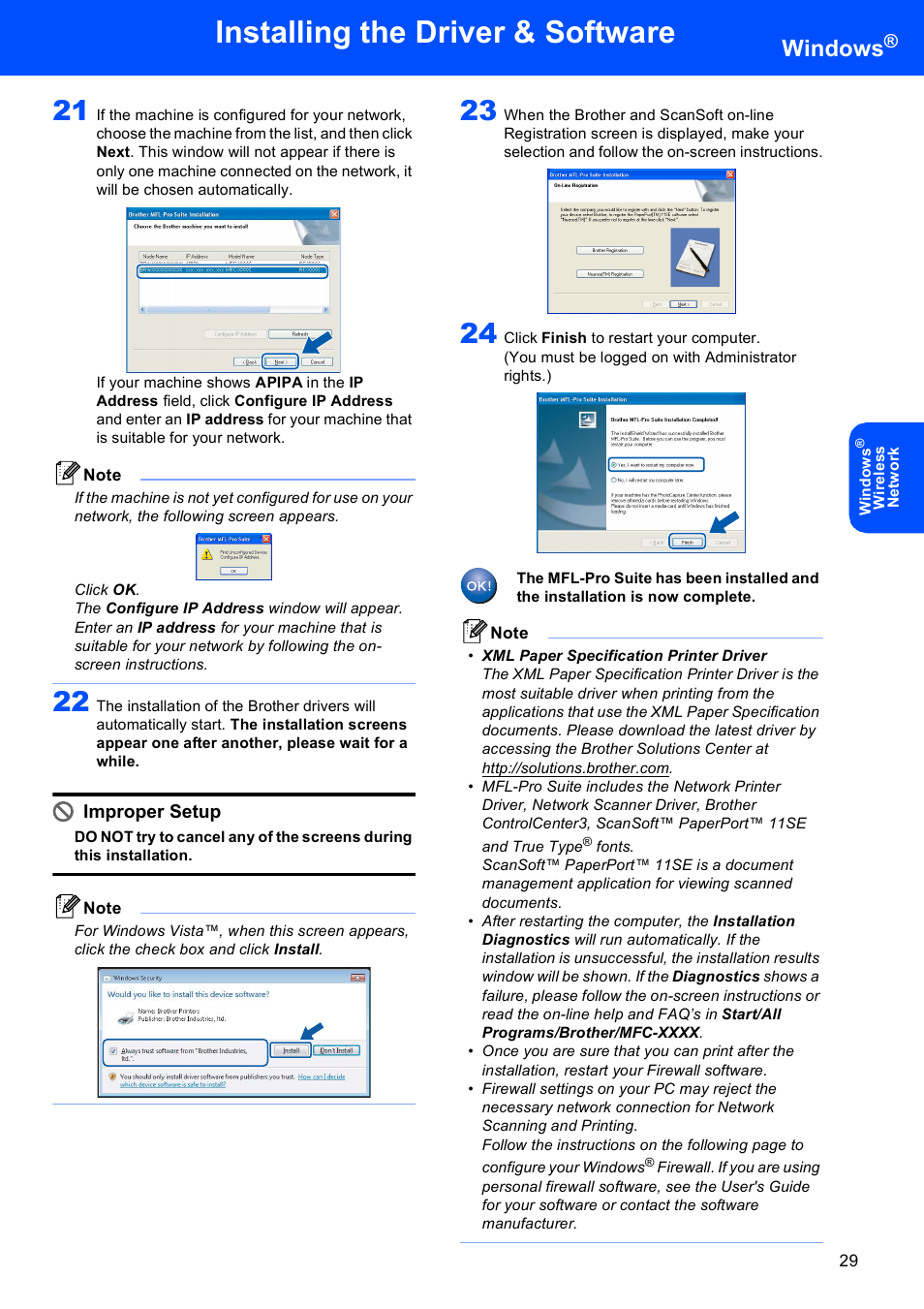 Installing the driver & software, Windows, Improper setup | Brother MFC 9840CDW User Manual | Page 31 / 53