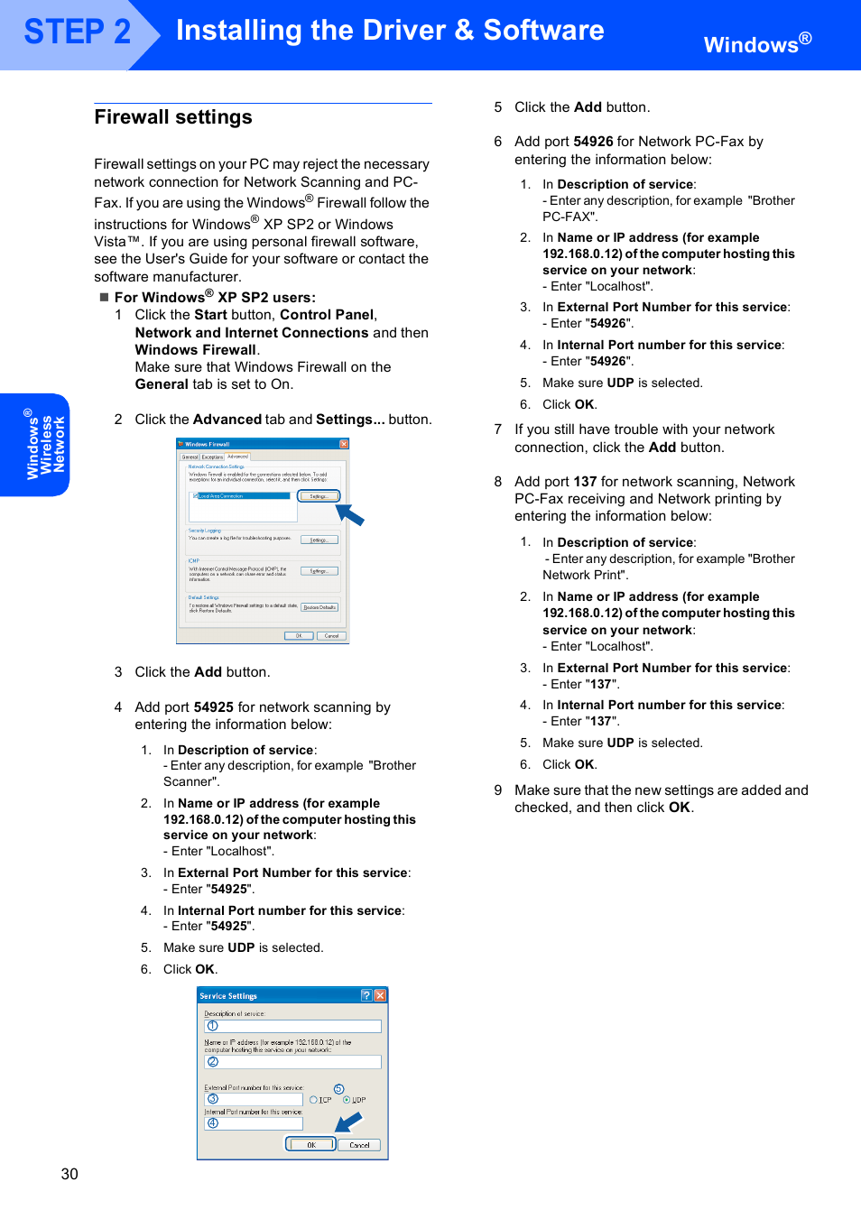 Firewall settings, Step 2, Installing the driver & software | Windows | Brother MFC 9840CDW User Manual | Page 32 / 53