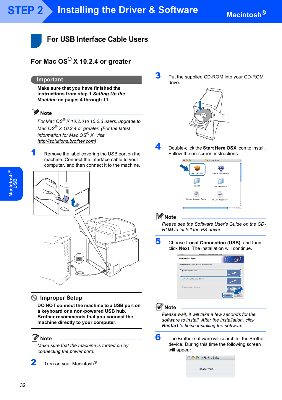 Macintosh, For usb interface cable users, For mac os® x 10.2.4 or greater | Step 2, Installing the driver & software, For mac os, X 10.2.4 or greater, Important, Improper setup | Brother MFC 9840CDW User Manual | Page 34 / 53