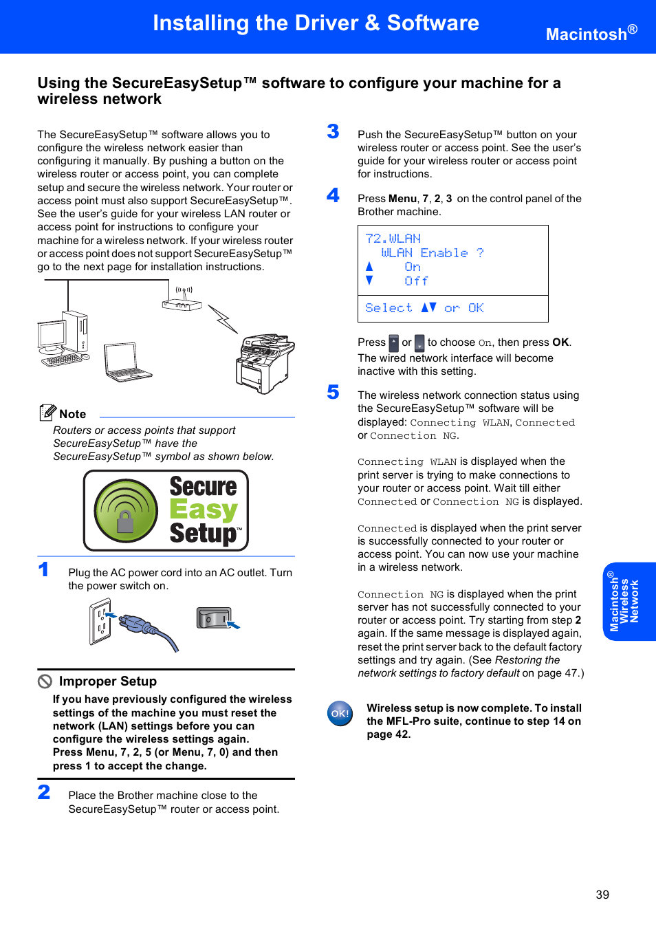 Installing the driver & software, Macintosh, Wlan wlan enable ? a on b off select ab or ok | Brother MFC 9840CDW User Manual | Page 41 / 53