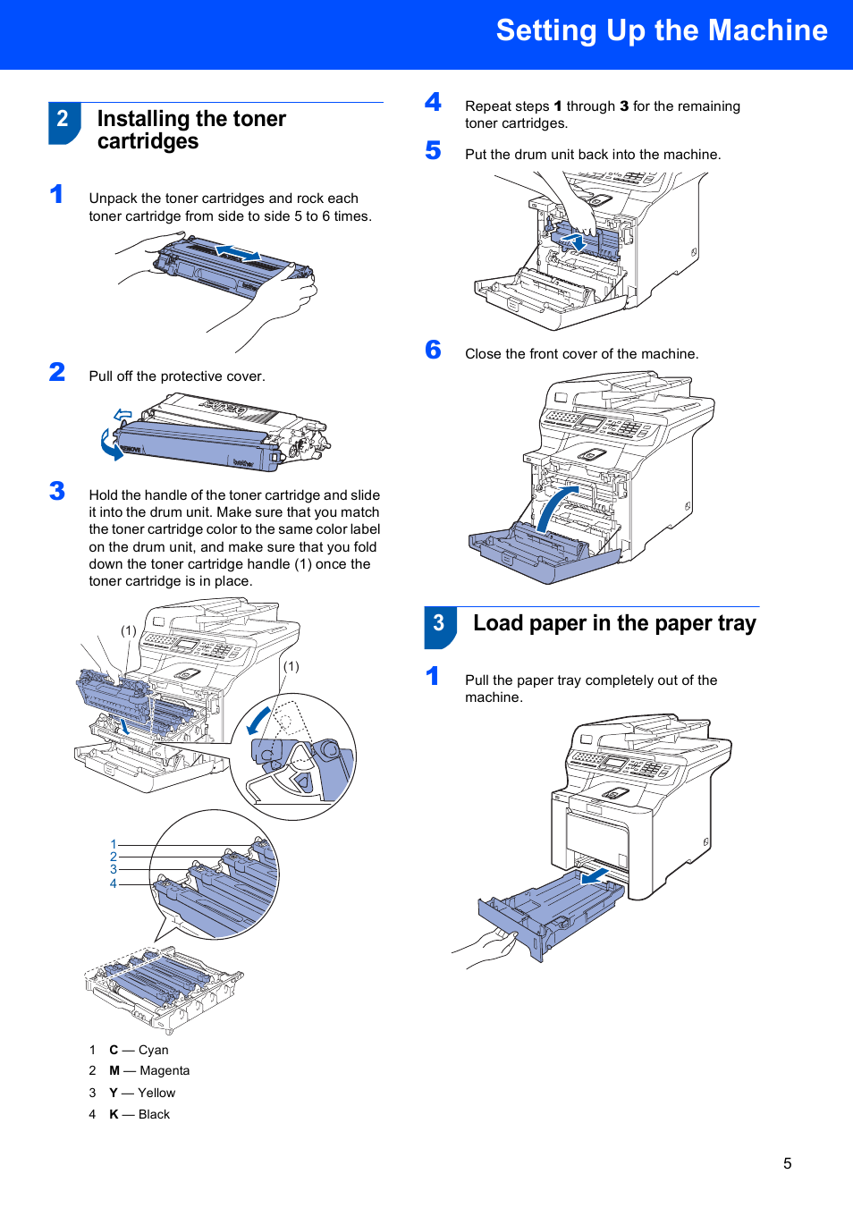 2 installing the toner cartridges, 3 load paper in the paper tray, Setting up the machine | 2installing the toner cartridges, 3load paper in the paper tray | Brother MFC 9840CDW User Manual | Page 7 / 53