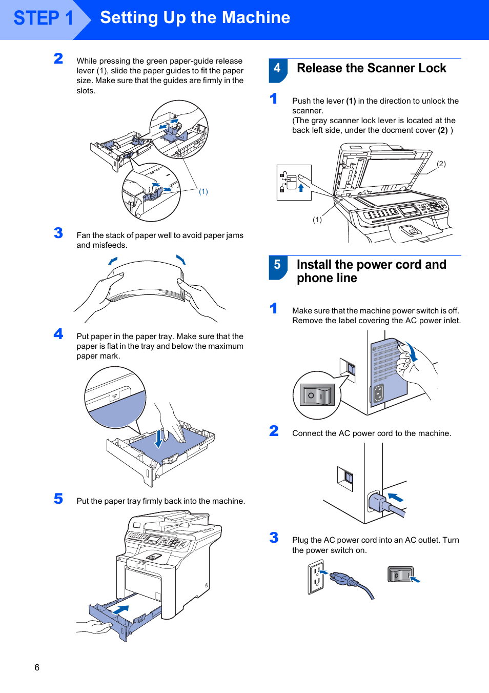 4 release the scanner lock, 5 install the power cord and phone line, Step 1 | Setting up the machine, 4release the scanner lock, 5install the power cord and phone line | Brother MFC 9840CDW User Manual | Page 8 / 53