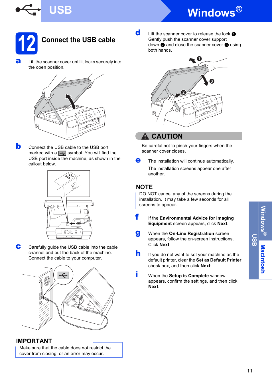 12 connect the usb cable, Windows | Brother DCP-J152W User Manual | Page 11 / 32