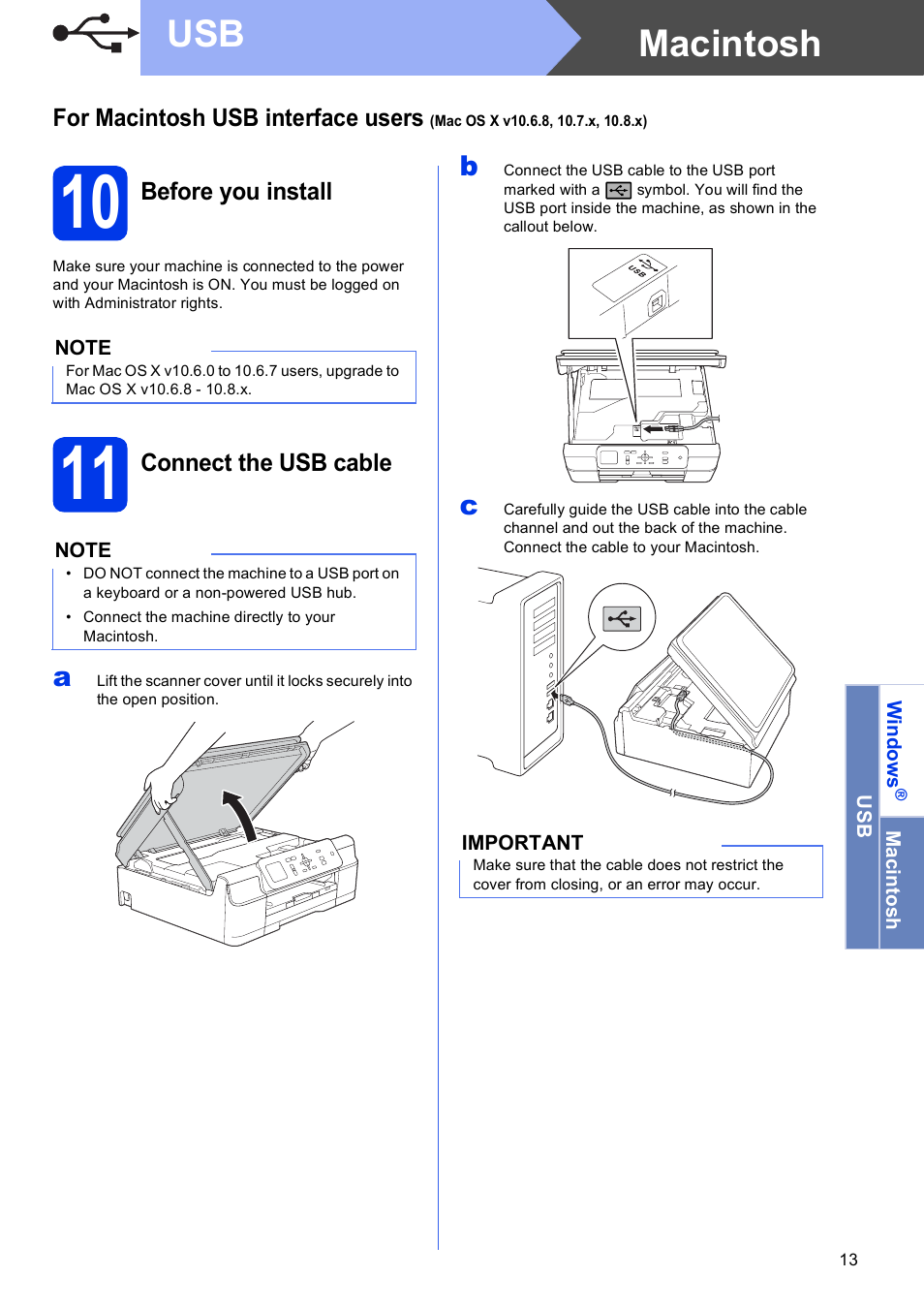 10 before you install, 11 connect the usb cable, Macintosh usb | Brother DCP-J152W User Manual | Page 13 / 32