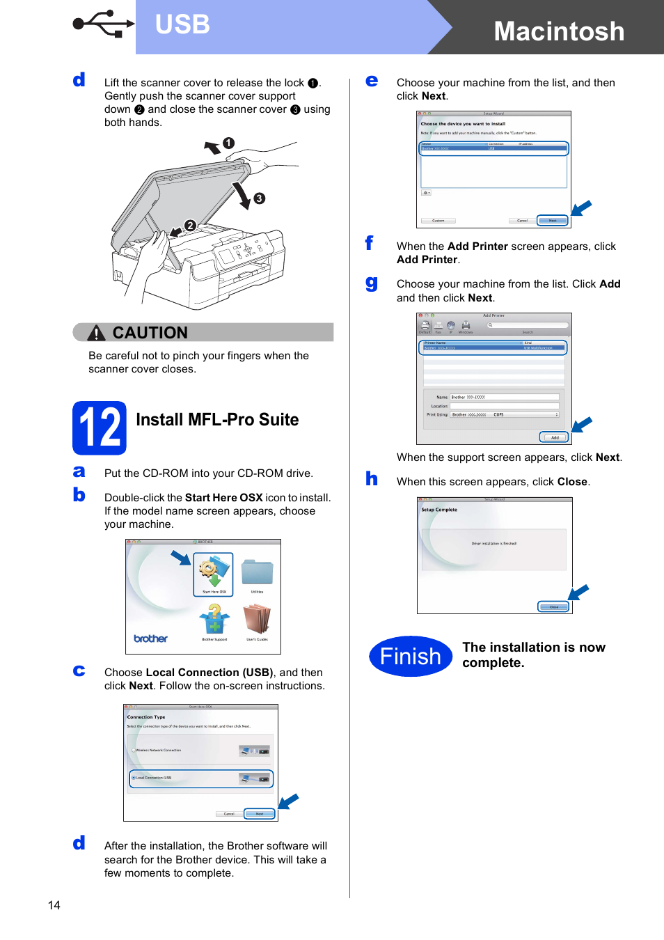 12 install mfl-pro suite, Macintosh usb, Finish | Brother DCP-J152W User Manual | Page 14 / 32