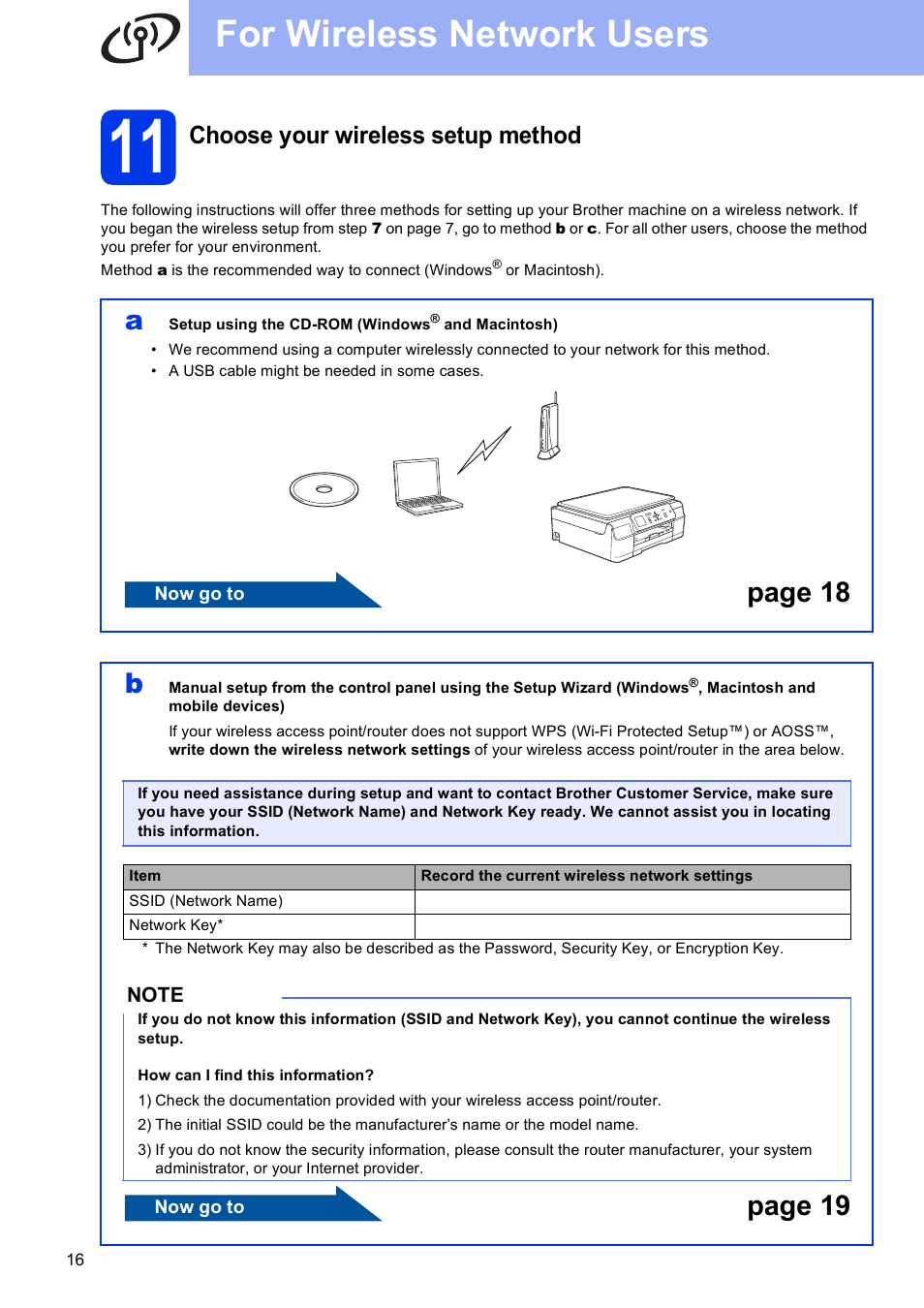11 choose your wireless setup method, For wireless network users, Page 18 b | Page 19, Choose your wireless setup method | Brother DCP-J152W User Manual | Page 16 / 32