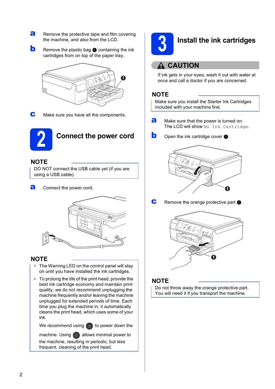 2 connect the power cord, 3 install the ink cartridges | Brother DCP-J152W User Manual | Page 2 / 32