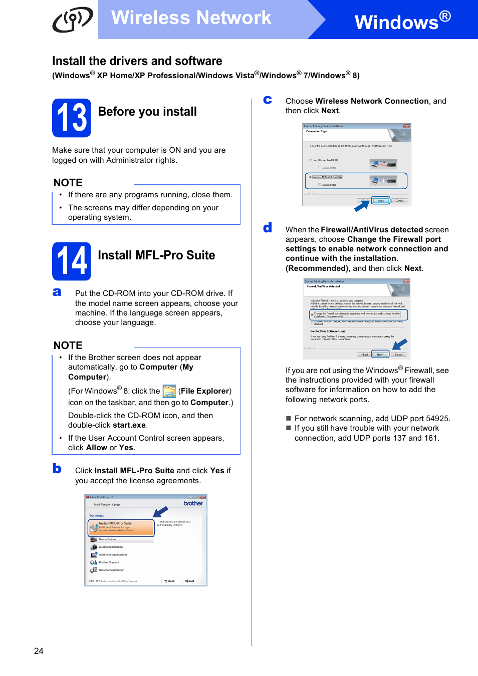 13 before you install, 14 install mfl-pro suite, Windows | Wireless network, Install the drivers and software, Before you install, Install mfl-pro suite | Brother DCP-J152W User Manual | Page 24 / 32