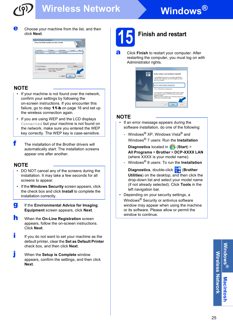 15 finish and restart, Windows, Wireless network | Finish and restart | Brother DCP-J152W User Manual | Page 25 / 32