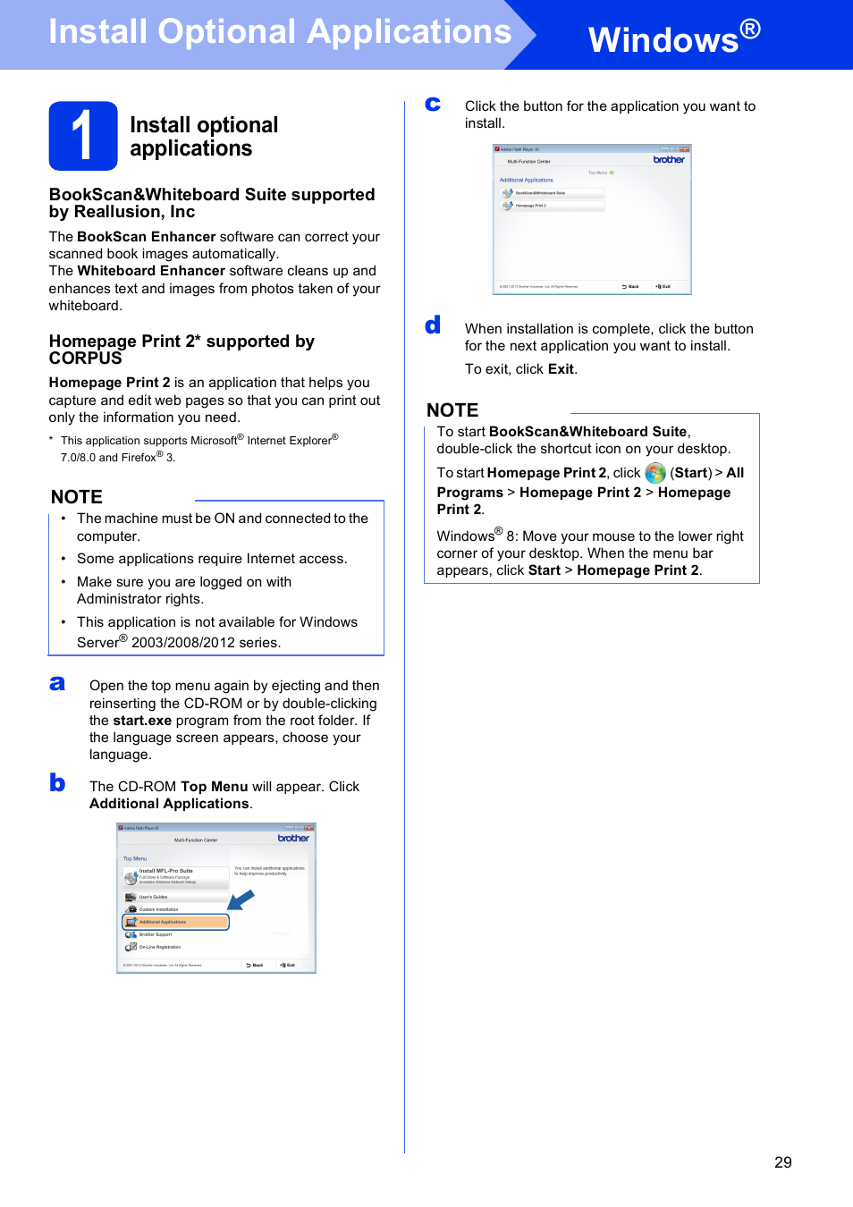Install optional applications windows, 1 install optional applications, Windows | Install optional applications | Brother DCP-J152W User Manual | Page 29 / 32