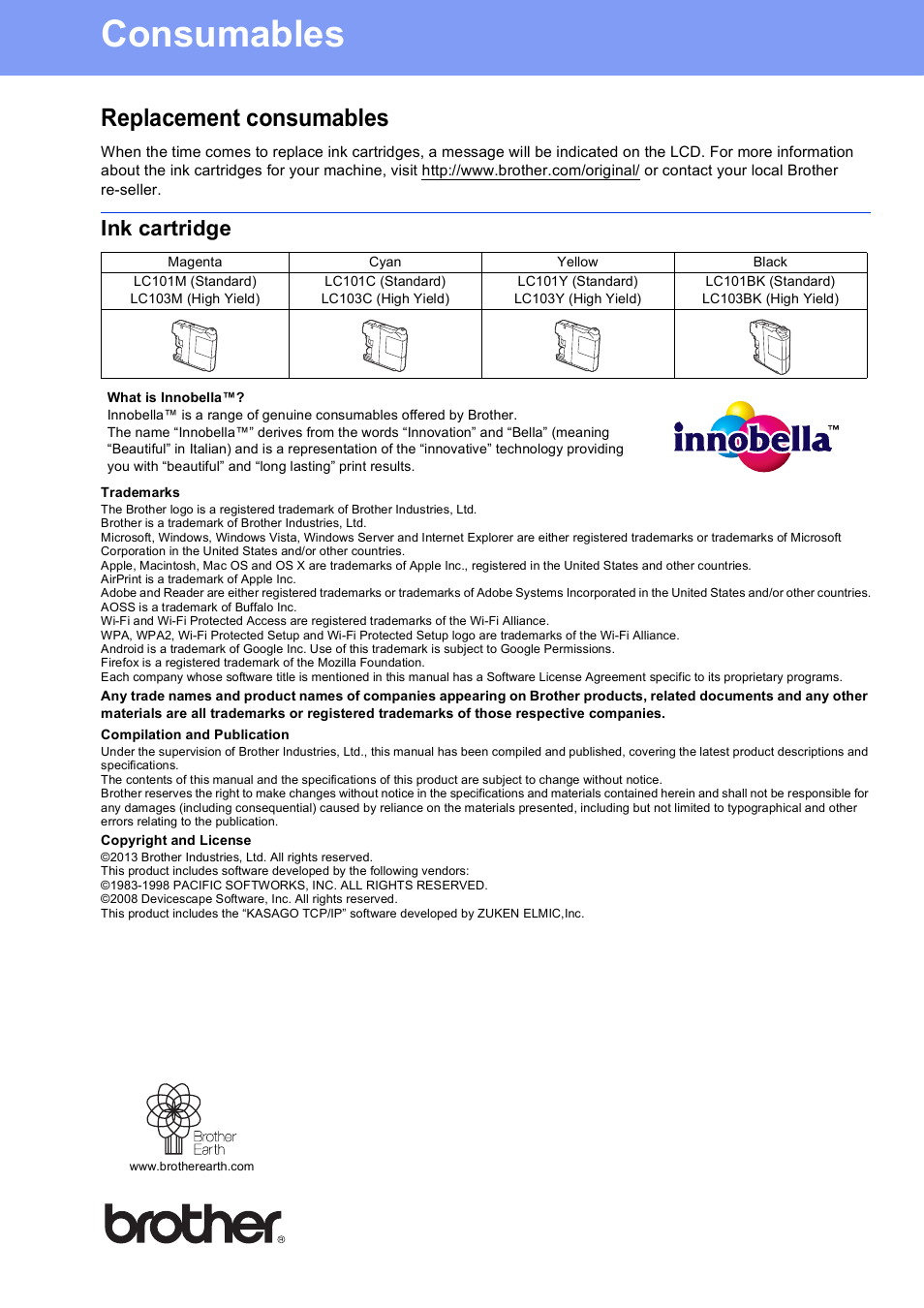 Consumables, Replacement consumables, Ink cartridge | Brother usa/can | Brother DCP-J152W User Manual | Page 32 / 32