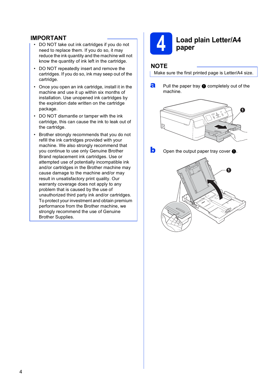 4 load plain letter/a4 paper, Load plain letter/a4 paper | Brother DCP-J152W User Manual | Page 4 / 32